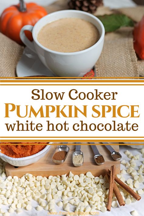 Thick and creamy, white hot chocolate with pumpkin spice made in the slow cooker! The ultimate comfort drink for Fall. This pumpkin spice hot chocolate made in the crockpot is a drink you need to add to your list! Pumpkin Spice Hot Chocolate Recipe, Creamy Hot Chocolate Recipe, Pumpkin Spice Hot Chocolate, Nonalcoholic Drink, Spice Hot Chocolate, White Hot Chocolate Recipe, Creamy Hot Chocolate, Pumpkin Spice Drinks, Spiced Drinks