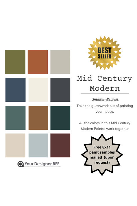 *Free upon request*: I will mail you free 8x10 color samples for all colors of the palette within a week. Please message me on Etsy with your address.  Confidently choose paint for your space. All colors in this palette work together, mix and match.  Transform your living space with our Mid Century Modern Palette, featuring a curated selection of timeless Sherwin Williams paint colors. Mid Century Modern Exterior Colors, Mid Mod Color Palette, Mid Century Modern Paint Colors Walls, 1940s Color Palette, Midcentury Modern Exterior Paint Color Palettes, Mid Century Modern Palette, Mid Century Wall Colors, Mid Century Modern Paint Colors Colour Palettes Interior Design, Whole House Color Palette Mid Century Modern