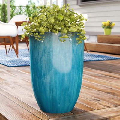 This planter is crafted of ceramic and finished with glaze. Suitable for outdoor and indoor use. Adds colour and texture to your home and garden. Colour: Blue, Size: 26" H x 18" W x 18" D Large Ceramic Planters, Blue Planter, Planter Ceramic, Blue Plants, Pottery Pot, Patio Planters, Handmade Pot, Indoor Outdoor Planter, Tall Planters