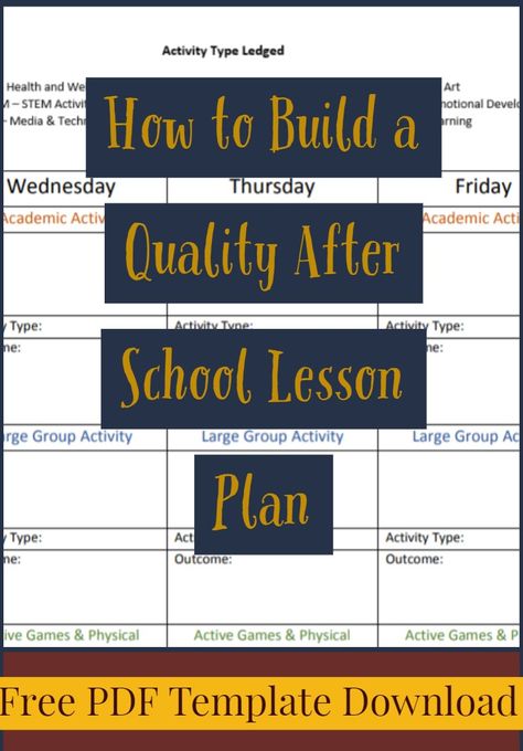 Create a purposefully themed weekly lesson plan. Learn some tricks and tips to creating a quality program through lesson planning.  This After School Lesson Plan Template incorporates activity types and desired outcomes to make planning easy. After School Lesson Plan Template. After School Curriculum Lesson Plans, Themes For After School Programs, Lesson Plans For After School Program, After School Club Activities Lesson Plans, School Age Lesson Plans Daycare, After School Program Schedule, After School Program Ideas Lesson Plans, After School Care Program Ideas, Before And After School Program Ideas