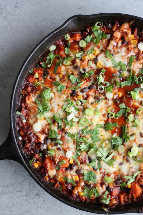 Turkey Black Bean Sweet Potato Enchilada Skillet Cheesy Turkey, Black Bean Sweet Potato, Enchilada Skillet, Turkey Sweet Potato, Black Bean Enchiladas, Sweet Potato Skillet, Sweet Potato Tacos, Bean Enchiladas, Sweet Potato Black Beans