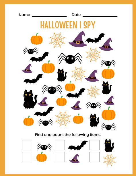 Halloween I Spy Printable Free, I Spy Halloween Printables For Kids Free, Halloween Kindergarten Worksheets, Halloween Activities For Kids Printable, I Spy Worksheets For Kids, I Spy Printables For Kids Free, Halloween Worksheets Preschool, Halloween Worksheets For Kids, Halloween Worksheets Kindergarten