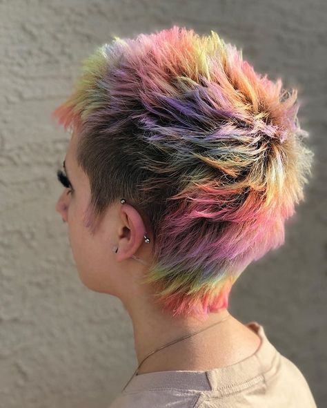 Short Hair Multi Color, Vivid Color Mullet, Hair Dye Rainbow, Crazy Hair Colors For Short Hair, Multicolor Short Hair, Really Short Mullet, Short Colored Hair Ideas, Short Hair Rainbow, Rainbow Mullet