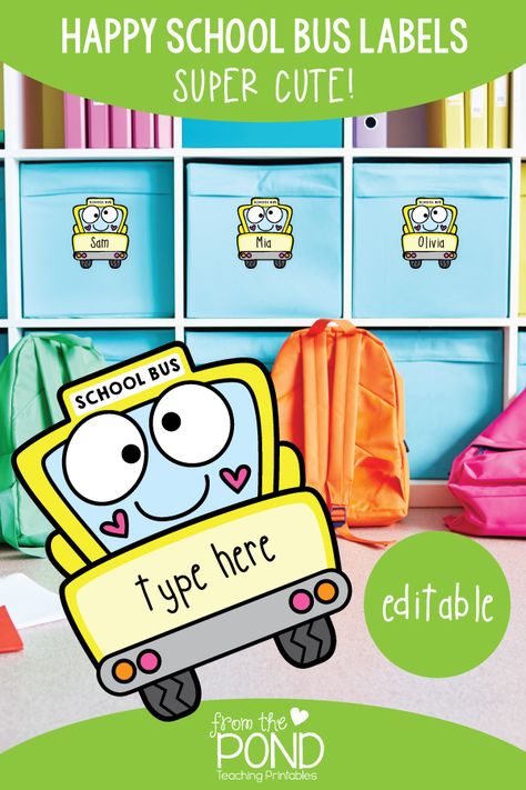 Cubby Labels Preschool, Cubby Tags Preschool Free Printable, School Bus Name Tags, Name Labels For School Printable, Cubby Tags Preschool, Bus Decorations, Label For School, Name Tags For School, Desk Cubby