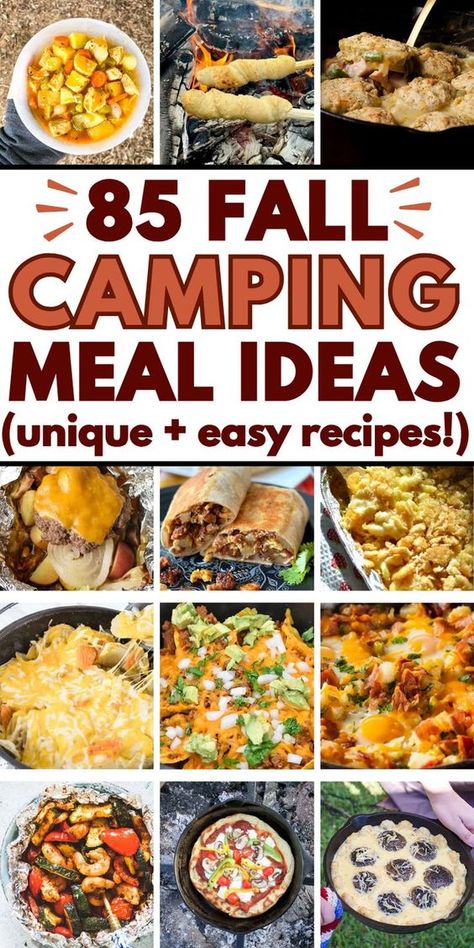 Easy fall camping meals and food ideas! These fun fall campfire dinners, breakfast ideas, snacks, and desserts will complete your fall camping trip menu. Camping meal planning is easy with these fall camping recipes dinners, fall camping meals make ahead, camping food list, fall camping necessities, fall camping ideas food, fall camping meal ideas for tent, camper, or fall rv camping recipes. Campfire meals, cozy fall camping aesthetic, easy fall camping meals dinners, outdoor camping must haves Pre Prepared Camping Meals, Fire Meals Camp, Camping Dinners Over The Fire, Camping Menu Ideas Simple, Mountain Vacation Food Ideas, Campsite Food Ideas, Hot Camping Meals, Camping Food Prep Ideas, Dinner For Camping Ideas