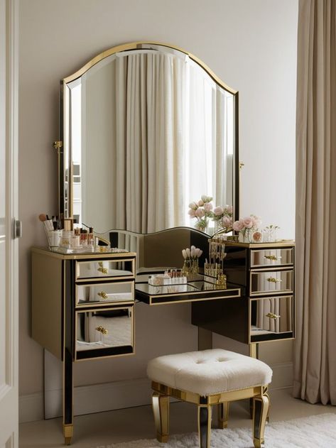 Table Organizer Ideas, Makeup Organizer Aesthetic, Gold Makeup Organizer, Dressing Table Organizer, Makeup Vanity Ideas, Dreamy Makeup, Organizer Aesthetic, Dressing Table Organisation, Dream Bedroom Inspiration