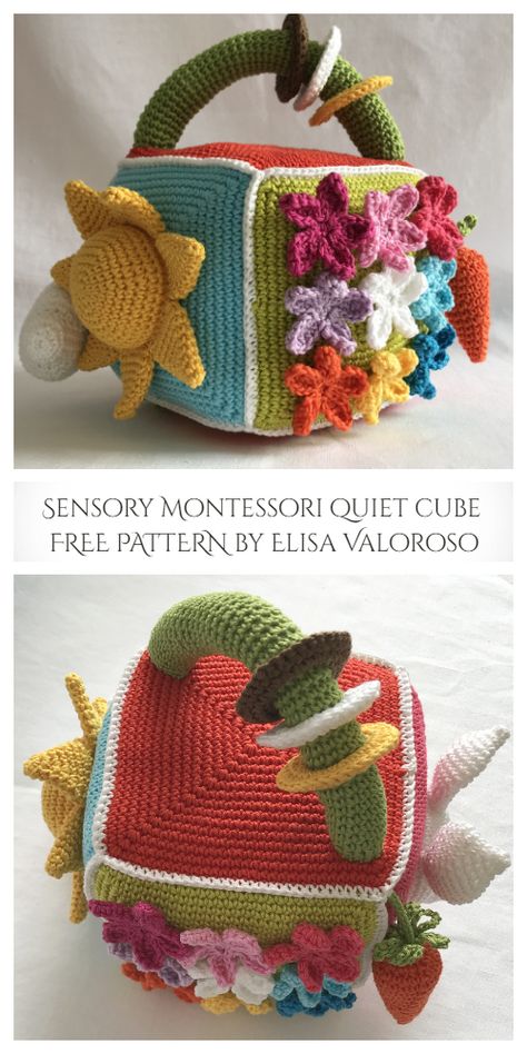 Baby Sensory Block Cube Toy Free Crochet Patterns - DIY Magazine Crochet Patterns Stuffed Animals Easy, Activity Cube Crochet, Crochet Activity Cube Pattern Free, Crochet Educational Toys Free Patterns, Crochet Sensory Book, Crochet Boy Toys, Crochet Educational Toys, Free Crochet Patterns Toys, Crochet Stacking Toy Pattern Free