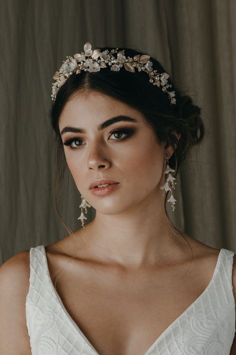 Fairy Bride Tiara, Bridal Gold Headpiece, Tiara Head Pieces, Wedding Headpiece Hair Styling Accessories, Wedding Crown Headpiece, Wedding Hair With Floral Headband, Veil And Crown Bridal Tiara, Floral Wedding Tiara, Wedding Flowers Crown