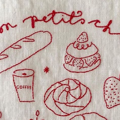 Hannah - commissions closed until 2024 on Instagram: "Hand embroidered napkin, to be framed and hung in the best, most delicious patisserie in Liverpool - @monpetitchoulpl I’m so proud of this piece, and where it’s going 🤩 thank you so much Betty for trusting me and giving me the opportunity to fill your lovely shop with embroidery!" Embroider Words By Hand, Hand Embroidery Words, What To Embroider On, Napkin Embroidery Ideas, Embroidery Ideas Aesthetic, Hand Embroidery Ideas Projects, Hand Embroidery Inspiration, Embroider Napkins, Embroidery With Fabric