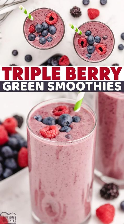 Triple Berry Green Smoothies made with 4 ingredients in less than 2 minutes. Easy smoothie recipe that is so pretty and purple, no one will ever know there is spinach in there! Berries And Spinach Smoothie, Spinach And Berry Smoothie, Triple Berry Recipes, Triple Berry Smoothie Recipe, Smoothie Recipes With Spinach And Fruit, Sweet Lemonade Recipe, Iron Rich Smoothie Recipes, Berry Spinach Smoothie, Iron Rich Smoothie