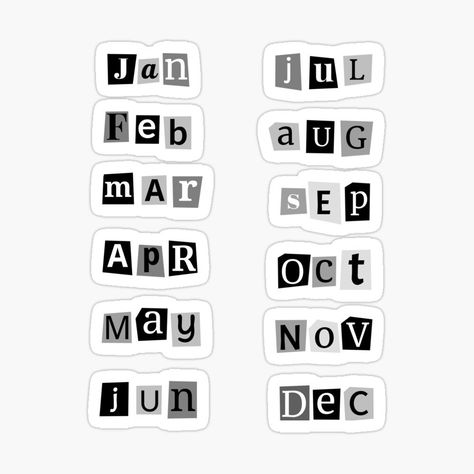 "grey-scale shortened month magazine cut-out pack" Sticker for Sale by Words-Artist Months Stickers Printable, Months Stickers, Month Printable, Funny Women Quotes, Grey Scale, Adulting Quotes, Month Stickers, Poster Illustration, Stickers Printable