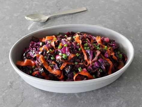 Charred Red Cabbage and Carrot Salad Recipe Cabbage And Carrot Salad, Red Cabbage Recipes, Red Cabbage Salad, Carrot Salad Recipes, Seasoned Rice Vinegar, Daniel Fast Recipes, 5 Ingredient Dinners, Vegetarian Cabbage, Food Wishes