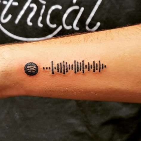 Scannable Spotify Code Tattoo Barcodes On Wrist, Spotify Sound Wave Tattoo, Spotify Code Tattoo Ideas, Song Tattoos Ideas Spotify, Rnb Music Tattoo, Spotify Song Tattoo, Voice Message Tattoo, Spotify Qr Code Tattoo, Spotify Barcode Tattoo