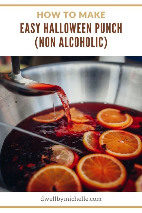 Easy Halloween Punch Recipe (Non Alcoholic) - DWELL by michelle Punch Recipe Non Alcoholic, Easy Halloween Punch, Halloween Punch Bowl, Halloween Alcohol, Halloween Themed Drinks, Halloween Punch Recipes, Alcoholic Punch Recipes, Halloween Party Drinks, Non Alcoholic Punch