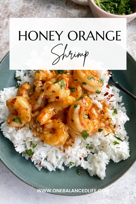 This Honey Orange Shrimp makes for an easy weeknight dinner and a great way to use the citrus in season! Top it on jasmine rice or serve with roasted veggies for a balanced meal. Honey Shrimp Bowl, Honey Orange Shrimp, Mandarin Shrimp Recipe, Orange Shrimp Recipes Easy, Dinners With Fruit, Easy Dinner Recipes Pescatarian, Citrus Recipes Dinners, Shrimp And Jasmine Rice Recipes, Winter Shrimp Recipes