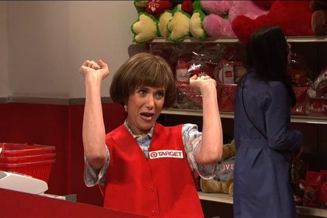 Kristen Wiig Snl, Snl Characters, Target Lady, Kristen Wiig, Humor Hilarious, Hallowen Costume, Hands In The Air, Working In Retail, Hair Quotes