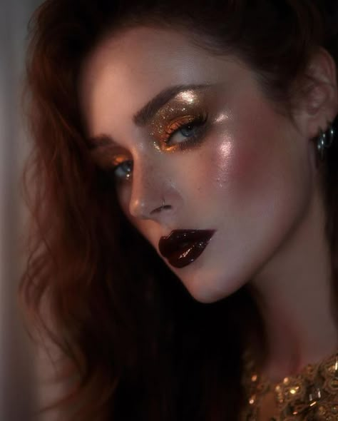 Stars On Cheeks Makeup, Gold Goth Makeup, Dark Glitter Makeup, Celestial Makeup Looks, Katie Herron, Persephone Makeup, Glittery Makeup Looks, Haute Couture Makeup, Celestial Makeup