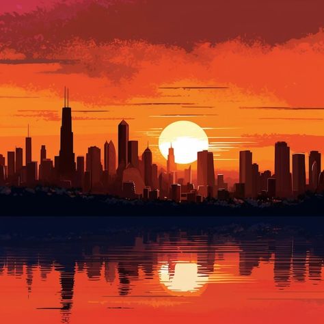 Photo sunset over a city skyline with a ... | Premium Photo #Freepik #photo #sunset-city #city-sky #skyline #city City Art Background, Sunset Abstract Art, City Sunset Painting, City Sunset Aesthetic, Sunset In City, City Landscape Painting, Office Murals, Drawing Sunset, Sunset Illustration