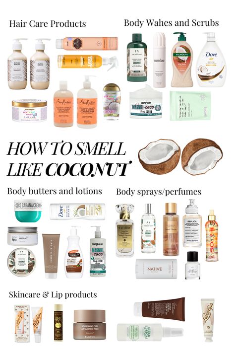 My favourite products to smell like coconut! My pin please do not steal. #coconut #skincare #beauty #perfume #howtosmelllike Products To Smell Like Coconut, Best Body Products To Smell Good, Scent Combos Coconut, Coconut Self Care, Coconut Smelling Perfume, Coconut Girl Perfume, Coconut Hygiene Products, Coconut Scent Aesthetic, Summer Scents Perfume