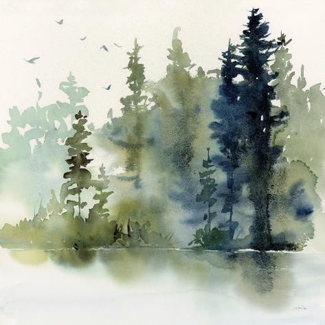 size: 12x12in Art Print: Northern Woods by Katrina Pete : Pine Walls, Contemporary Watercolor, Misty Forest, Frame Painting, Wood Canvas, Art Blue, Tree Painting, White Canvas, Watercolor Landscape