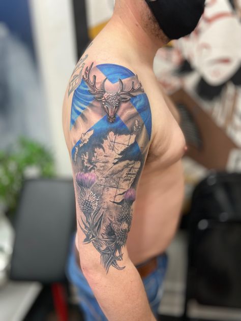 Scotland; Stag; Flag; Thistle; Aberdeen Map Of Scotland Tattoo, Scotland Sleeve Tattoo, Scottish Sleeve Tattoos For Guys, Scotland Flag Tattoo Ideas, Scotland Map Tattoo, Scotland Flag Tattoo, Scottish Highlands Tattoo, Scottish Stag Tattoo, Nessy Tattoo