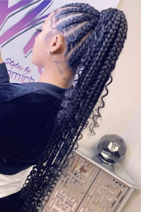 17 Stunning Braids With Curly Hair You Must Try In 2023 Braided Boho Ponytail For Black Women, Braids Feed In, Braids In A Ponytail For Black Women, Ponytail Braids Black Women, Pretty Braided Ponytails, Feed In Ponytail With Curly Hair, Ponytail Braid Hairstyles For Black Women, Braided Up Ponytail Black Women, Braided Ponytails For Black Women