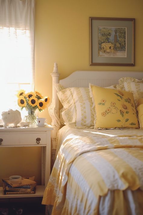 Yellow White Room Aesthetic, Rustic Yellow Bedroom, Yellow Walls Aesthetic, Aesthetic Room With Yellow Walls, Room Ideas For Yellow Walls, Yellow Walled Bedroom, Sunflower Bedroom Aesthetic, Yellow Cottagecore Bedroom, Yellow Girl Bedroom