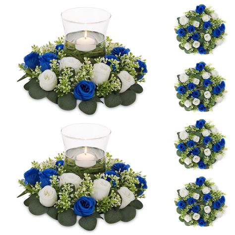 PRICES MAY VARY. 【Multi-Function Artificial Flowers Wreath】These artificial roses are attached by plastic base with hanging loops, easy to diy and hang, they can be adjusted and placed at will. You can use it as the ring for pillar candles, hurricane glass taper holder, lanterns, and pillars holders or hang the spring wreath from the front door or hang them on the back of wedding chairs, laying it flat on the table or wedding car decoration. 【Exquisite Handcrafted Wreaths】These fake roses head b Silver And Royal Blue Decorations, Navy Blue Table Centerpieces, Short Centerpiece Wedding, Royal Blue Centerpieces Wedding, Navy Blue Wedding Centerpieces, Head Table Centerpieces, Navy Party Decorations, Royal Blue Centerpieces, Royal Blue Wedding Decorations