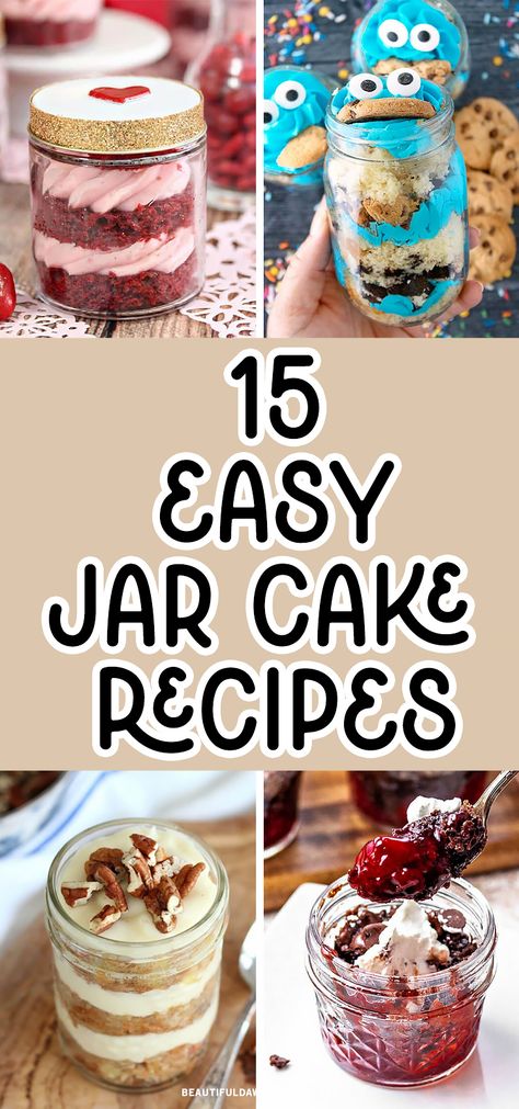 Looking for mouthwatering jar cake recipes? These delectable and easy-to-make jar cakes are perfect for any occasion. From birthdays to anniversaries, these sweet treats will impress your loved ones. You'll find red velvet cake, carrot cake, cookie monter cake, and more. Mason Jar Cakes Birthday, Desert Jars Ideas, Cupcake In A Jar Recipe, Birthday Cake Trifle, Cake In A Jar Recipe How To Make, Cake Parfait Cups Recipe, Carrot Cake Parfait, Jar Cakes Ideas, Halloween Cake In A Jar