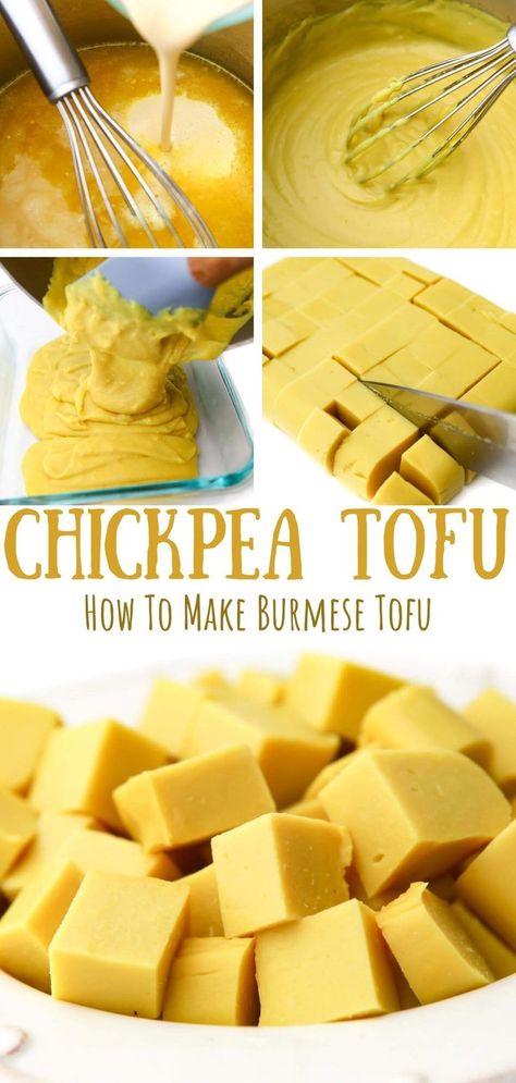 A pin for chickpea tofu. The top photo is a collage showing the process of making chickpea tofu. The bottom photo is a bowl of chickpea tofu. Tofu From Lentils, Lentils Tofu Recipe, Making Tofu At Home, Burmese Tofu Recipes, Hidden Tofu Recipes, Brown Lentil Tofu, Legume Tofu, Lentil Tofu Recipes, Easy Tofu Recipes For Beginners