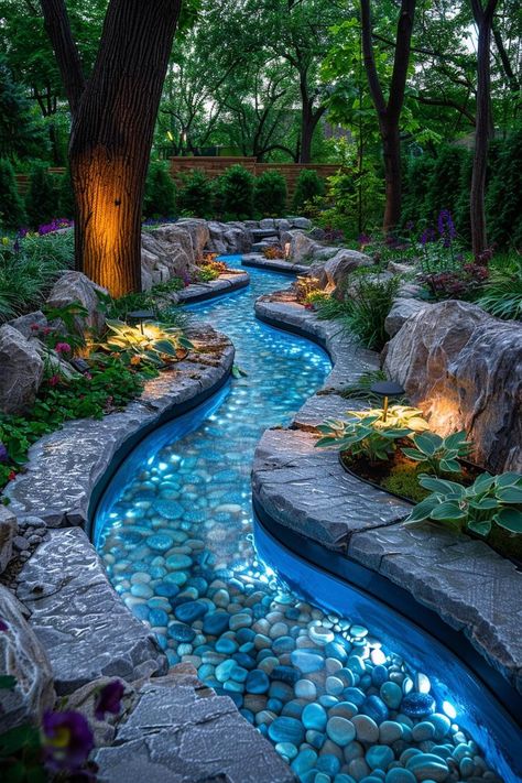 25 Stunning Backyard Stream Designs To Transform Your Garden Water In Garden Ideas, Cool Backyard Features, Landscape Waterfall Ideas, Water Features Backyard, Rock Water Garden, Beautiful Backyard Garden Inspiration, Diy Garden Stream, Garden With Pond Ideas, Natural Landscape Ideas