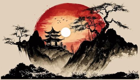 Chinese landscape with little house unde... | Premium Vector #Freepik #vector #japanese-painting #chinese-landscape #chinese-painting #chinese-mountain Chinese Nature Painting, Japan Landscape Illustration, Traditional Chinese Painting Landscapes, Chinese House Painting, Chinese Scenery Painting, Japan Landscape Art, Ancient Chinese Art Painting, Japan Background Landscape, Chinese House Drawing