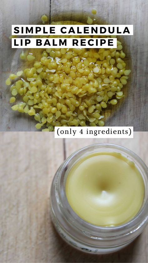 An overhead shot of homemade calendula lip balm on a wooden cutting board next to beeswax pellets. Linen Spray Recipe, Calendula Balm, Homemade Balm, Healing Lip Balm, Medicine Recipes, Lip Balm Recipe, Diy Lip Balm Recipes, Calendula Salve, Balm Recipe