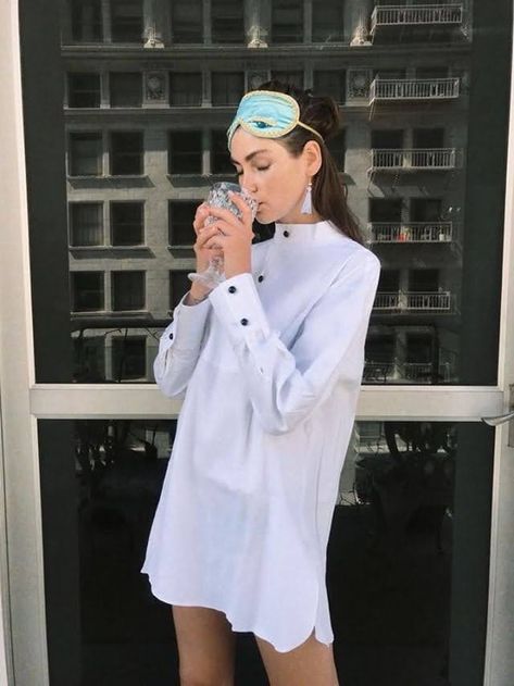 Relive the magic that is Audrey Hepburn as Holly Golightly in Breakfast at Tiffany's in this iconic sleepwear ensemble. This 3-piece set comes complete with the signature tuxedo sleep shirt (handmade in 100% cotton), tiffany-inspired eye cover (handmade with 100% silk), and violet tasseled earrings (handmade with swimmer grade rubber earrings). You will not find another replica that resembles the original assemble as much as this one. Perfect for that glamorous sleepover, costume party, or as a Easy Disney Costumes, Breakfast At Tiffany's Costume, Chic Costume, Original Halloween Costumes, 1920s Halloween, Costumes For Work, Audrey Hepburn Breakfast At Tiffanys, Easy Halloween Costumes For Women, Classy Halloween Costumes