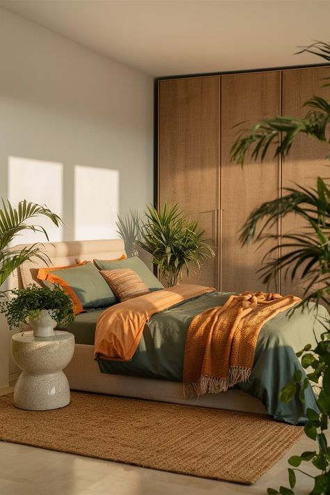 Tropical Modern Bedroom Design, Sustainable Bedroom Design, Tropical House Bedroom, Sunny Bedroom Aesthetic, Stylish Bedroom Ideas Interior Design, Tulum Inspired Bedroom, Colorful Adult Bedroom, Sage And Terracotta Bedroom, Bedroom Ideas Tropical