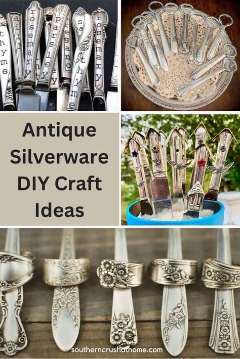 Fun Antique Silverware DIY Craft Ideas https://www.southerncrushathome.com/antique-silverware-diy-craft-ideas/ Silverware Windchimes Diy, Vintage Silverware Crafts, Diy Silverware Crafts, Vintage Silverware Patterns, Fork Crafts, Old Silverware, Spoon Jewelry Diy, Flatware Crafts, Recycled Silverware