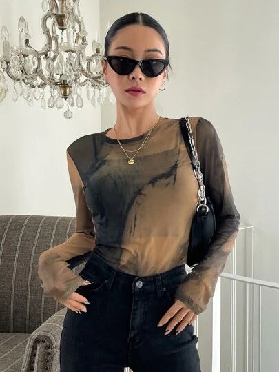 Long Sleeve Mesh Top Outfit, Handsewn Clothes, Fall Flannel Shirt, Mesh Top Outfit, Sheer Outfit, Chiffon Crop Top, Sheer Mesh Top, Without Bra, Mesh Long Sleeve Top