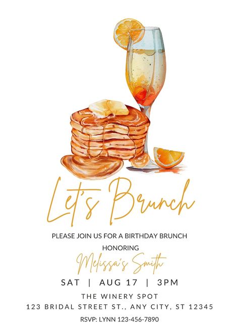 Editable Brunch Invitation, Let's Brunch, Brunch and Bubbly, Birthday Brunch, Sunday Brunch, Pancakes, Mimosa, Printable or Text Invite - Etsy Canada Summer Birthday Party Invitations, Brunch Pancakes, Iphone Wallpaper Vintage Hipster, Mimosa Brunch, Bridesmaid Brunch, Brunch And Bubbly, Girls Brunch, Bday Invitations, Creative Advertising Design