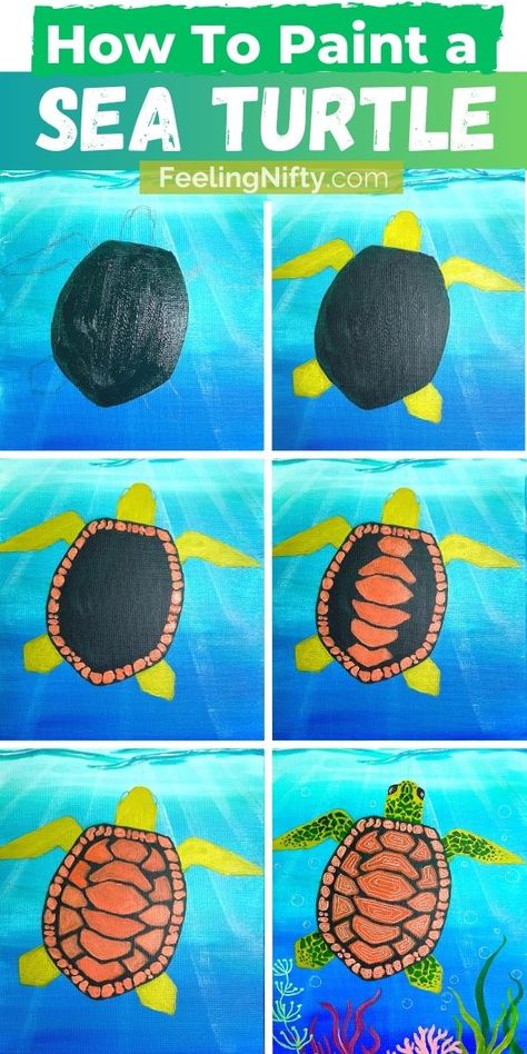 Step By Step Turtle Painting, Sea Turtle Painting Ideas, Painting A Turtle, Painted Sea Turtle, Cute Beach Paintings Easy, Sea Turtle Art For Kids, How To Paint A Turtle, Ocean Canvas Painting Easy, How To Draw A Turtle Step By Step