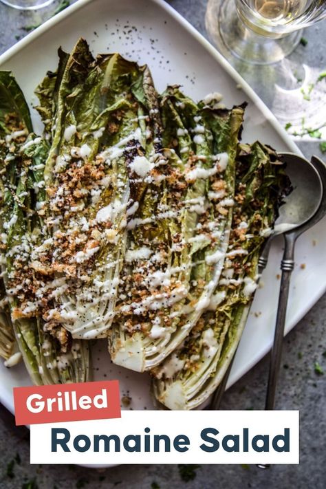 Grilled Romaine Salad with Toasted Breadcrumbs is an easy and refreshing salad made on the grill with romaine lettuce, lime juice, olive oil, and toasted breadcrumbs! Perfect for summer gatherings, BBQ's and potluck parties! Easy Comfort Food! Marinated Pork Chops Grilled, Grilled Romaine Lettuce, Grilled Romaine Salad, Grilled Salad, Grilled Romaine, Romaine Salad, Veggie Salad, Veggie Recipes, Summer Recipes