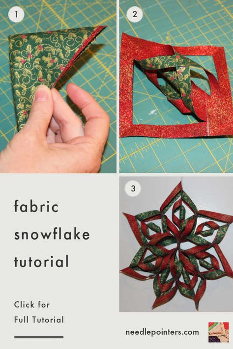 No Sew Christmas Star Ornaments, No Sew 3d Fabric Snowflake, How To Measure Fabric, No Sew Fabric Christmas Ornaments, No Sew Fabric Ornaments Free Patterns, Free Fabric Ornament Patterns, Fabric Snowflake, No Sew Stars, Christmas Fabric Ornaments Free Pattern