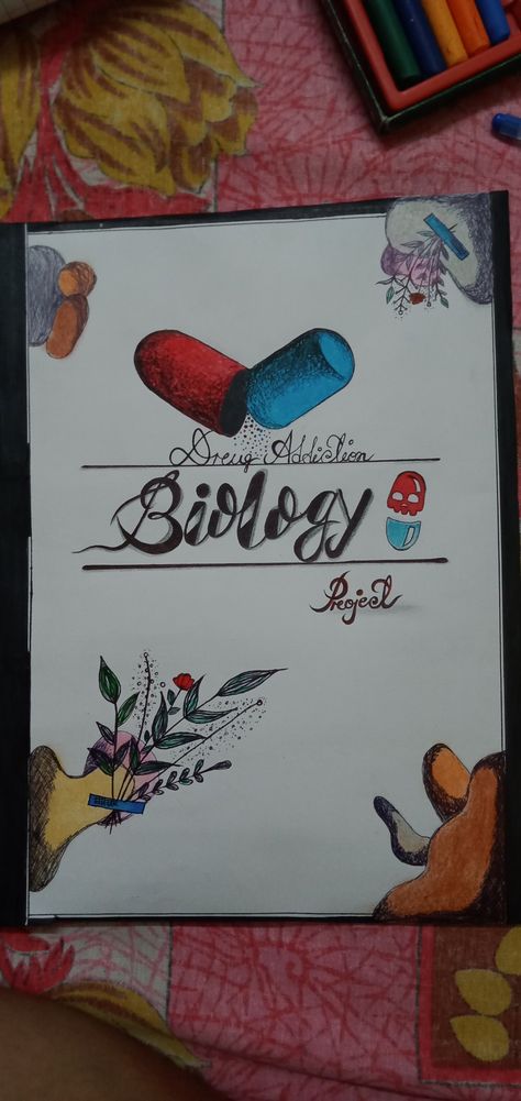 In school u can add this kind of designs on ur cover page if u got the topic Drug addiction 💊 Bio Project Cover Page Aesthetic, School Book Covers Biology, Biology Project Cover Page Ideas School Aesthetic, Biology Cover Page Ideas, Project File Cover Ideas Biology, Cover Page For Biology Project, Biology Book Cover Design, Border Design For Biology Project, Biology Project Cover Page Design