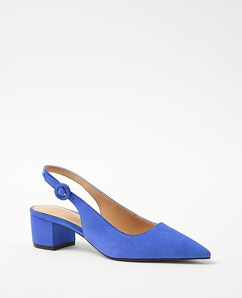 We designed these refined leather cap toe slingbacks with a comfortable block heel, for an irresistible pairing. Pointy toe. Adjustable buckle at side ankle for secure fit. Padded footbed for complete comfort. 1 3/4" heel.,Imported:Imported,Fabrication:Suede Suede Block Heel Slingback Pumps by Ann Taylor Size regular - 6 1/2 Dazzling Blue Women's Medium, High, Heels, Pumps, Footwear, Suede Funky Wedding Shoes, Blue Slingback Heels, Blue Heels Outfit, Blue Shoes Bride, Block Heel Slingback, Colored Heels, Colorful Heels, Pointy Toe Flats, Suede Block Heels