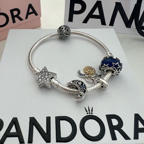 -Brand New Bracelet From Pandora -Never Worn -4 Charms Included -Delivered In Original Packaging -Moon Charm, Stars Charm, Galaxy Charm, And Open Work Moon Charm Pandora Star Bracelet, Pandora Charm Bracelet Aesthetic, Pandora Bracelet Ideas, Pandora Moon, Pandora Packaging, Charm Bracelet Pandora, Pandora Bracelet Charms Ideas, Xoxo Jewelry, Pandora Star