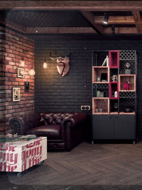 Loft Hair Salon, Dark Barber Shop Interior, Men Barber Shop Design, Tattoo Salon Design, Floor Parquet, Tattoo Shop Interior, Upcycle Home, Hair Salon Furniture, Barber Shop Interior