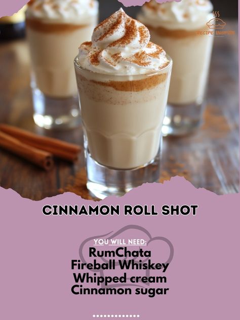 Sweet, creamy, and cinnamon-packed! This Cinnamon Roll Shot is a delicious dessert in liquid form. 🥃🍩 #CinnamonRollShot Cinnamon Roll Shot Ingredients: RumChata (1 oz) Fireball Whiskey (1 oz) Whipped cream (optional) Cinnamon sugar (for garnish) Instructions: Mix RumChata and Fireball Whiskey in a shaker with ice. Strain into a shot glass. Top with whipped cream and a sprinkle of cinnamon sugar. 🥃🍩 Sip into sweet bliss with this Cinnamon Roll Shot! The creamy blend of cinnamon and spice m... Shots With Fireball, Rumchata And Fireball, Rumchata Shots, Fireball Whiskey Recipes, Autumn Beverages, Rumchata Recipes, Cinnamon Whiskey, Whiskey Recipes, Fireball Whiskey