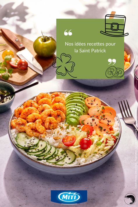 Envie de partager en toute convivialité des recettes réalisées avec nos bons produits Miti pour la Saint Patrick ? Poke Bowl, Saint Patrick, Shrimp Recipes, Pasta Salad, Love Food, St Patrick, Salad, Pasta, Bowl