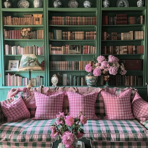 High Bookshelves, Feminine Living Room, Pink Couch, Couch For Living Room, Living Room Design Ideas, Room Design Ideas, Decoration Inspiration, Living Room Design, Classic Interior