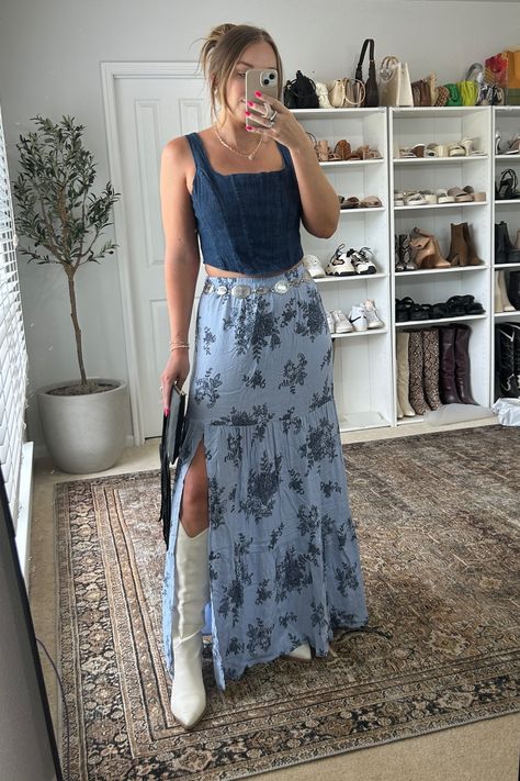 Ursula Denim Corset Tank Top curated on LTK Denim Corset With Skirt, Denim Top With Skirt, Denim Corset Top Outfit Ideas, Denim Shirt With Skirt Outfit, Corset Top Maxi Skirt, Corset Maxi Skirt Outfit, Denim Tank Outfit, Corset Western Outfit, Corset Outfit Western