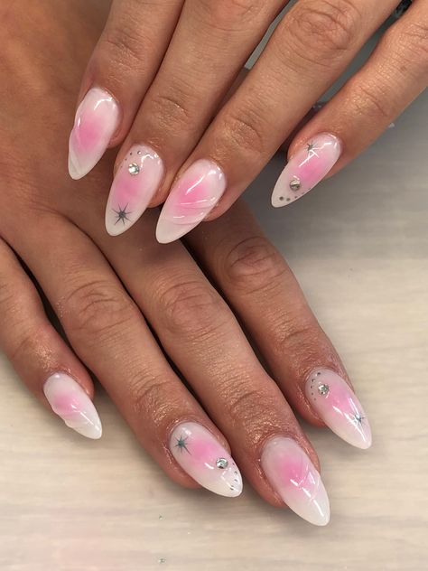 Milky Aura Pink White Aura Nails, Milky Aura Nails, White And Pink Aura Nails, Aura Summer Nails, Milky White And Pink Nails, Light Pink Aura Nails, Aura Nails White, Pink Dot Nails, Milky Way Nails